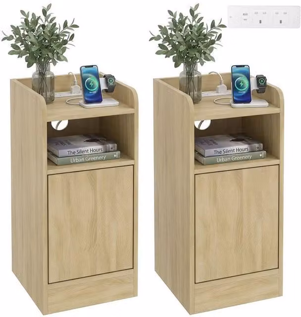 KORVIXA Oak Slim Bedside Table Set of 2 with Charging Station in Light Oak – 1