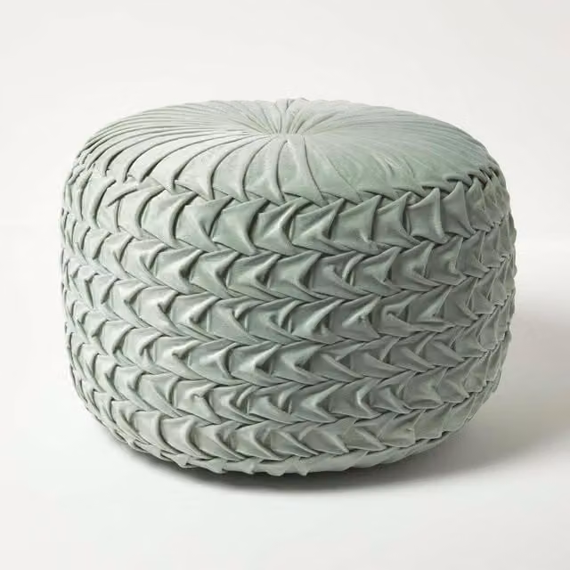 Homescapes Grace Pleated Velvet Pouffe - Frost Green