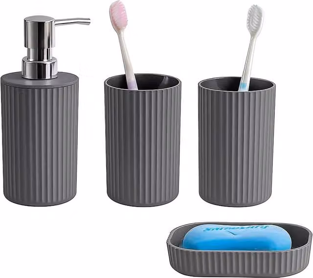 NESTLUNE 4 Piece Grey Plastic Bathroom Accessories Set including Soap Dispenser, Soap Dish, Tumbler and Toothbrush Holder – 1