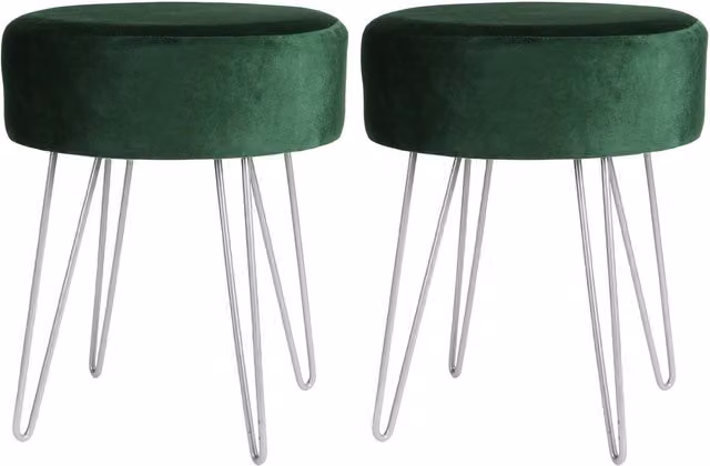 Harbour Housewares Round Velvet Footstools, Pack of 2, Green with Silver Legs, H41 x D45 cm – 4