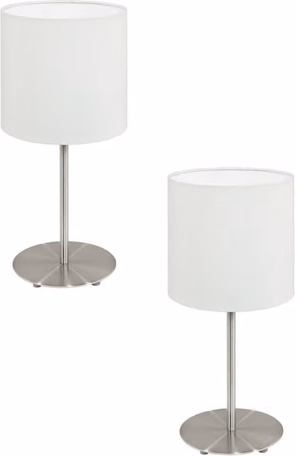 Loops 2 Pack Modern Table Desk Lamps in Silver Metal with White Fabric Cylinder Shades, E14 Base