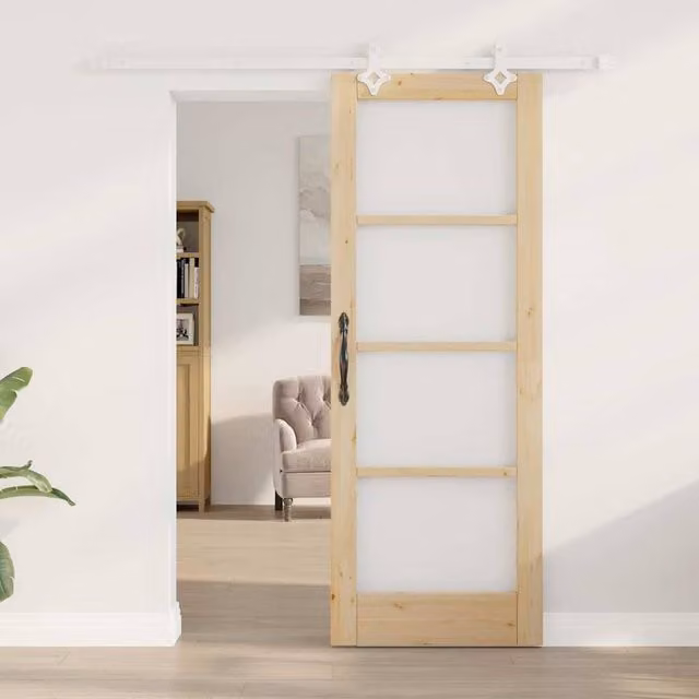 Berkfield Home Sliding Door with Hardware Set in Beige Solid Wood, W: 73.5 cm, H: 198.5 cm