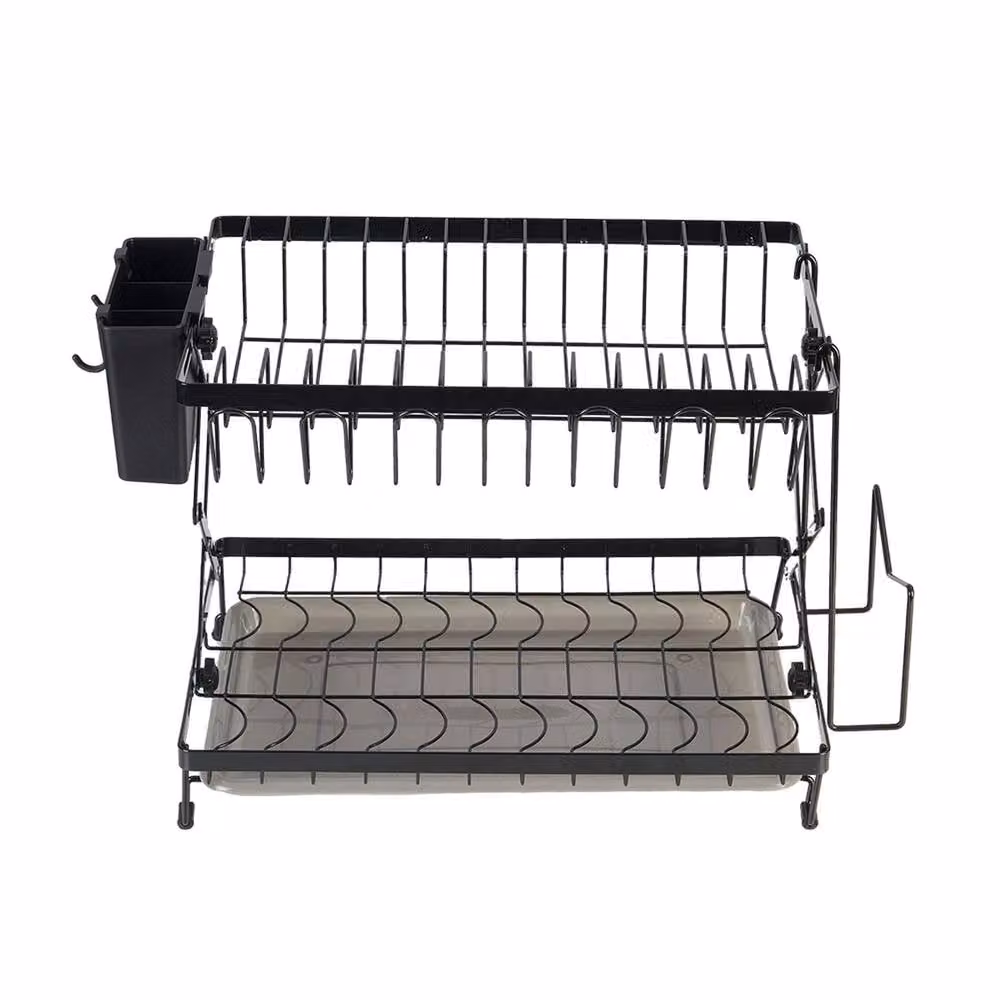 Garden Sanctuary Foldable 2-Tier Metal Dish Drying Rack with Drip Tray, Black – 2