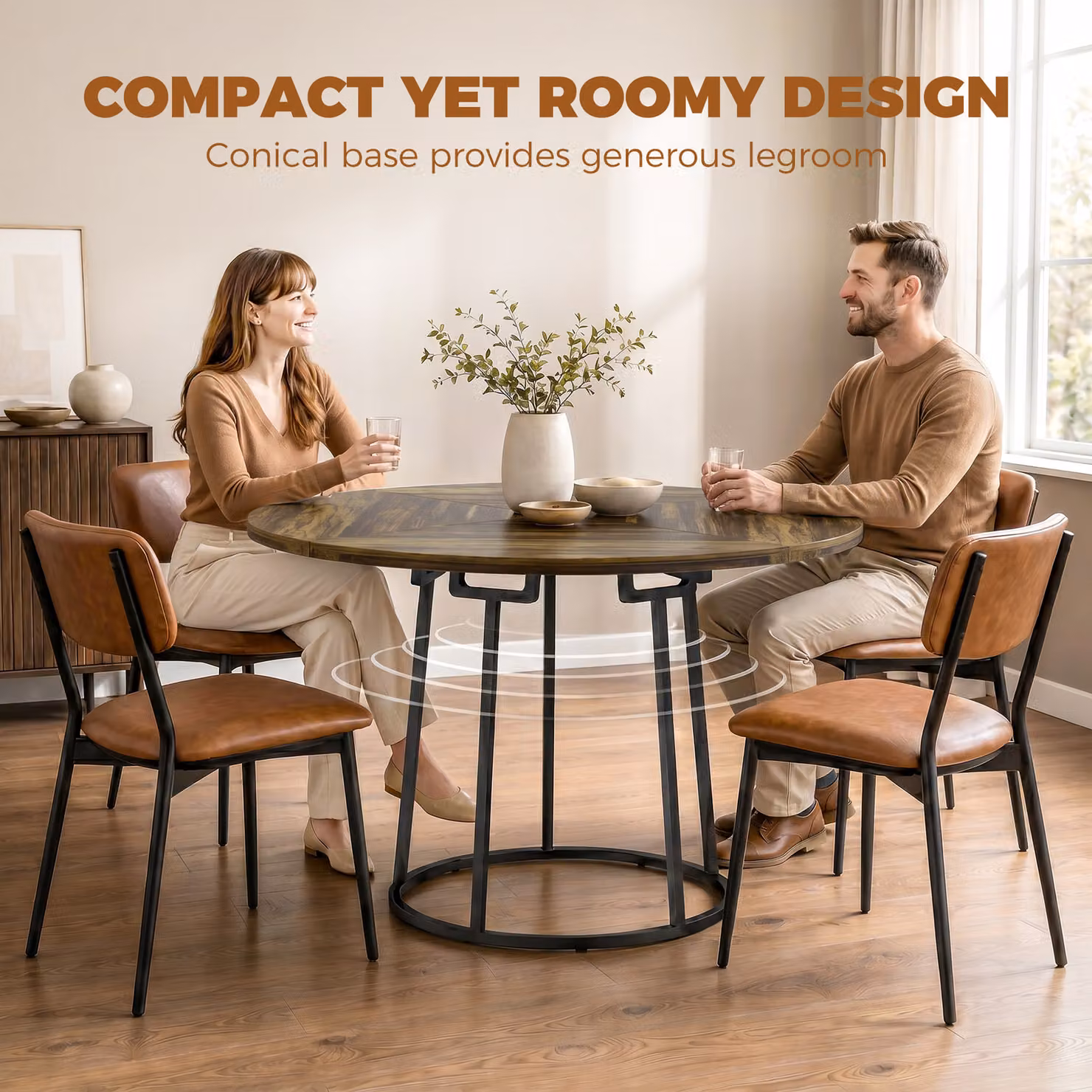 HOMCOM Round Dining Table with Spliced MDF Top and Conical Metal Base, Rustic Brown and Black, Diameter: 120 cm, Height: 75 cm – 5