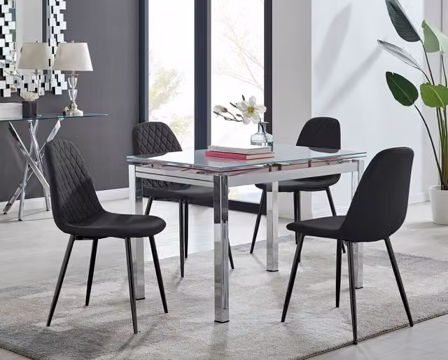 Furniturebox Enna White Glass Extending Dining Table and 4 Corona Black Leg Chairs Set