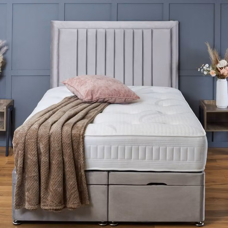 BSSPOKE Canes Ottoman Divan Bed with 54 inch Headboard and Mattress in Black Plush Velvet, W/D/H: 90 x 190 cm