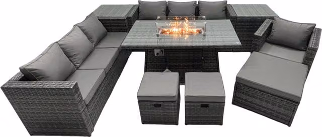 Fimous 10 Seater Rattan Garden Furniture Firepit Dining Set with Lounge Sofa, Table, 2 Side Tables and 3 Footstools in Dark Grey – 1