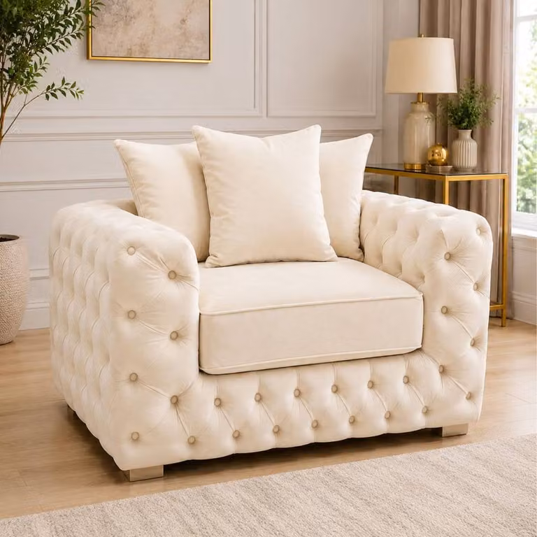 Stratus Interiors Ashley Chesterfield L-Shape Corner Sofa in Beige Plush Velvet Fabric with Scatter Cushions, W: 235 cm, D: 76 cm, H: 67 cm