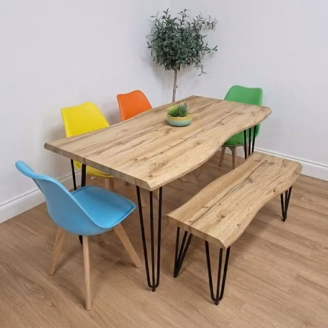 Kosy Koala Industrial Dining Set with Rectangular Brown Wooden Table, Stone Grey Bench and 4 Mixed Colour Chairs