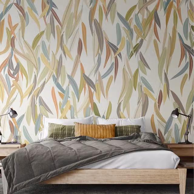 Origin Murals Willow Leaves Natural Stone Floral Mural, Multicolour, 300cm