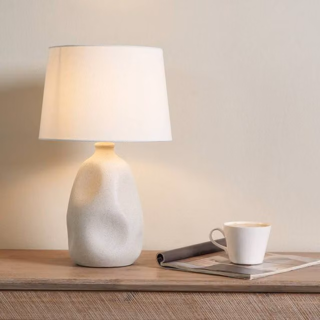 Pagazzi Sanders Ceramic Table Lamp in Beige and White with Fabric Shade, H 50.0 x W 23.0 x D 23.0 cm