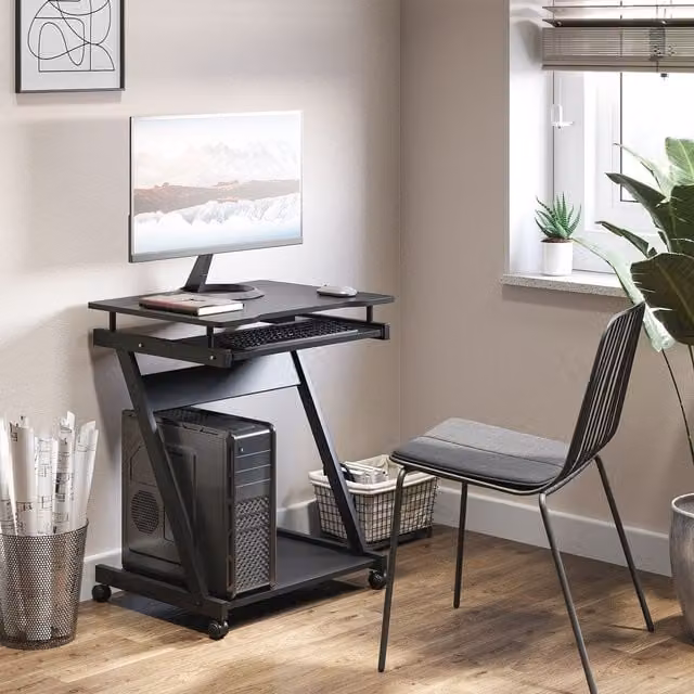 HOMCOM Modern Movable Computer Desk with Sliding Keyboard Tray and Castors, Black