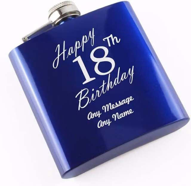 Uniqueful Personalised Engraved Blue Stainless Steel 6oz Hip Flask for 18th Birthday