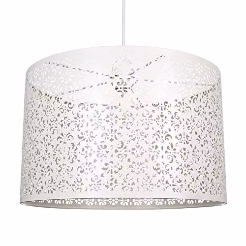 Happy Homewares Moroccan Designed Round Metal Pendant Light Shade in Cream with Floral Decoration, Diameter: 40 cm