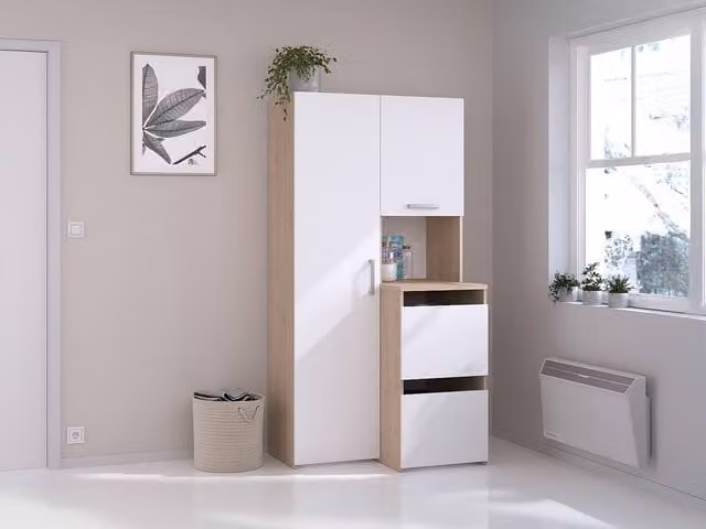 Vente-unique Bathroom Storage Unit with Cabinets, Shelves and Column in Light Oak, W: 66.8 cm, D: 92.5 cm, H: 184.4 cm