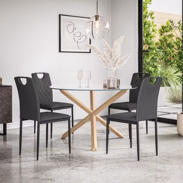 More4Homes Malvern Round Glass Dining Table Set with Solid Oak Legs and 4 Monza Linen Chairs in Charcoal Grey