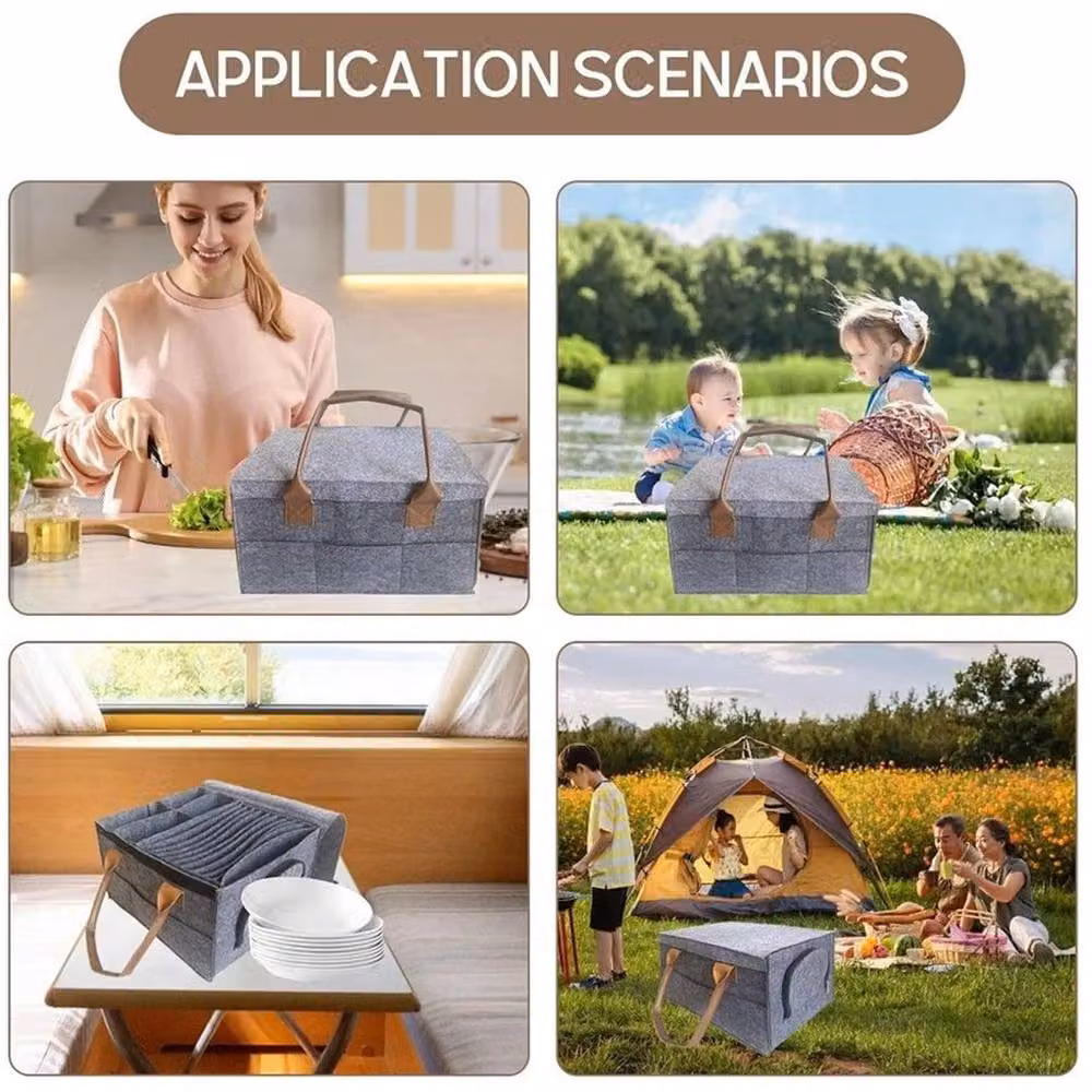 FLAVORA Caravan Felt Plate Holder and Tableware Organiser with Compartments, Grey – 6