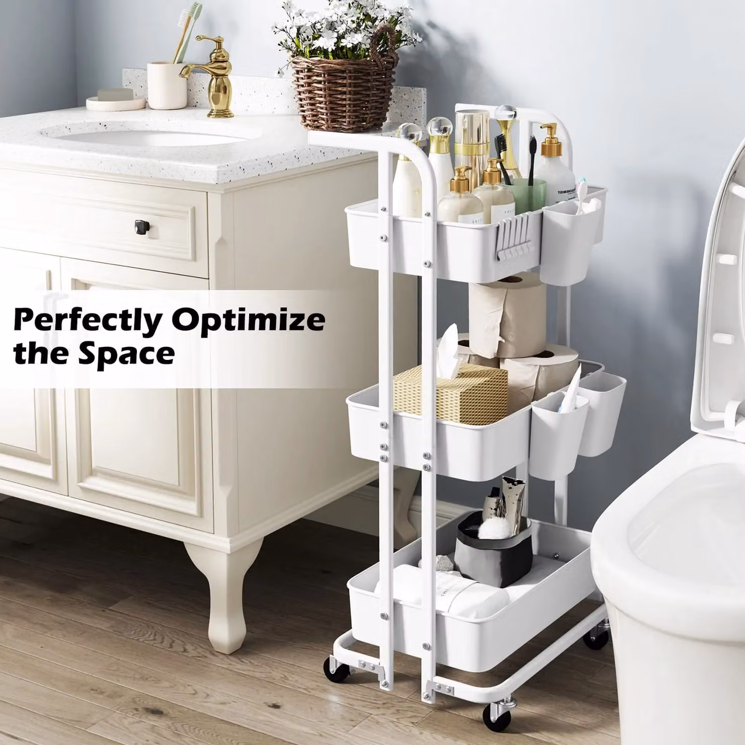 Costway 3-Tier Folding Rolling Storage Cart with 3 Hanging Cups and 6 Hooks, White – 4