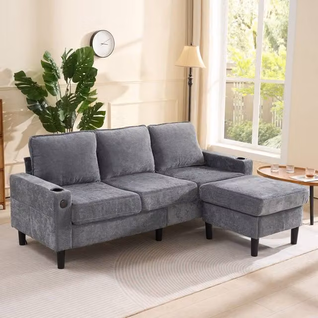 Fascinate Grey Reversible L-Shaped 3 Seater Corner Sofa with USB Charging and Cup Holders