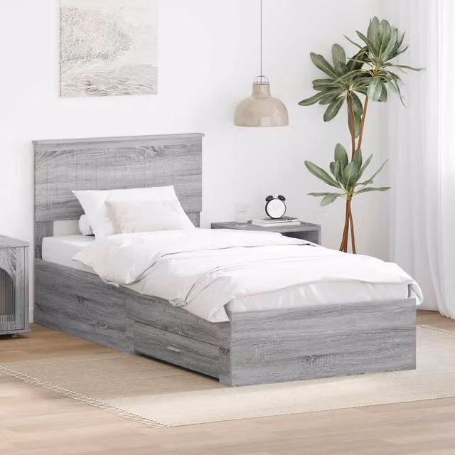 Berkfield Home Modern Bed Frame with Drawer in Grey Sonoma, Engineered Wood, W/D/H: 90 x 190 cm