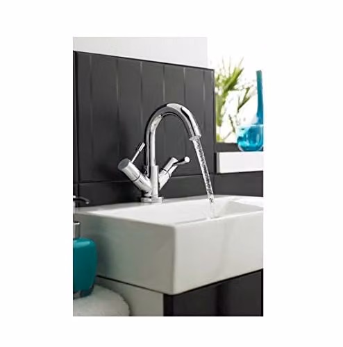 nuie FJ317 Series Two Modern Bathroom Mono Basin Mixer Tap with Swivel Spout, Lever Handles and Push Button Waste, Chrome, H x W x D: 14.2 x 22.0 x 16.2 cm – 2