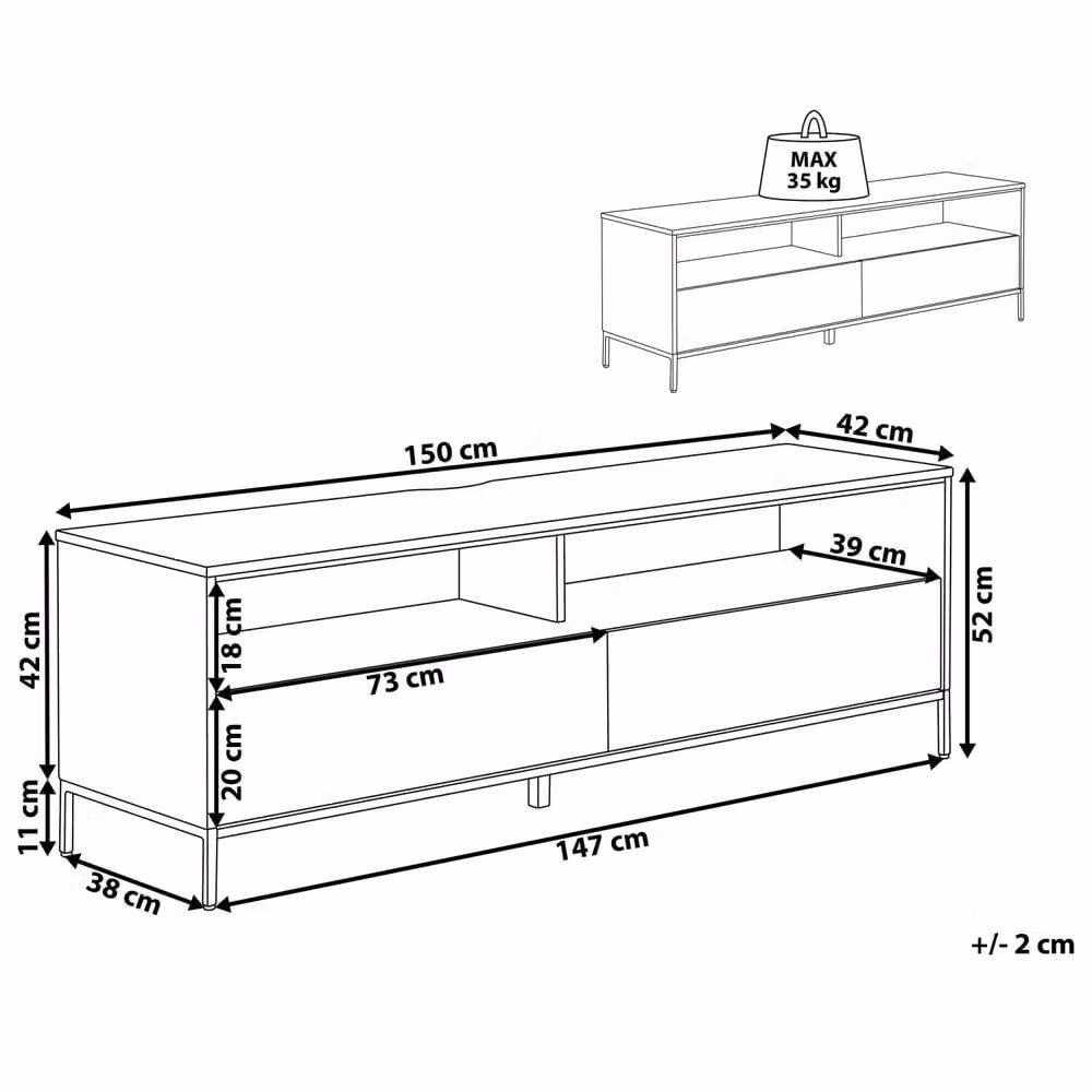 Wyld and Coco Nordic Scandinavian TV Stand in Light Timber with Black Metal Frame and 2 Drawers, Width: 150 cm – 3
