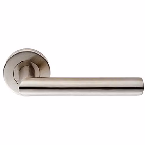 Loops Pair of Oval Mitred Bar Handles on Round Rose in Brushed Satin Steel Silver