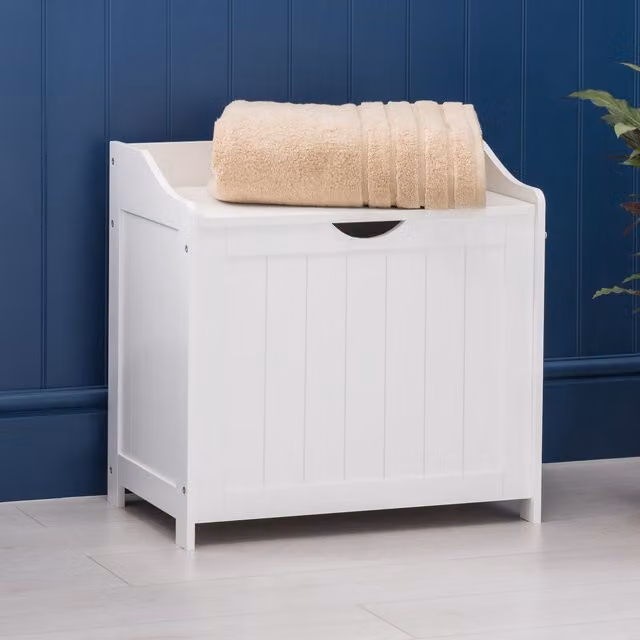 Christow White Wooden Laundry Box with Lid and Handles for Bathroom or Bedroom, W/D/H: 36.0 x 36.0 x 56.0 cm