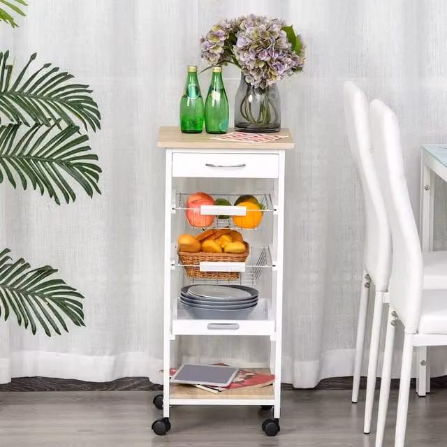 HOMCOM Mobile Rolling Kitchen Island Trolley with Metal Baskets in White – 1
