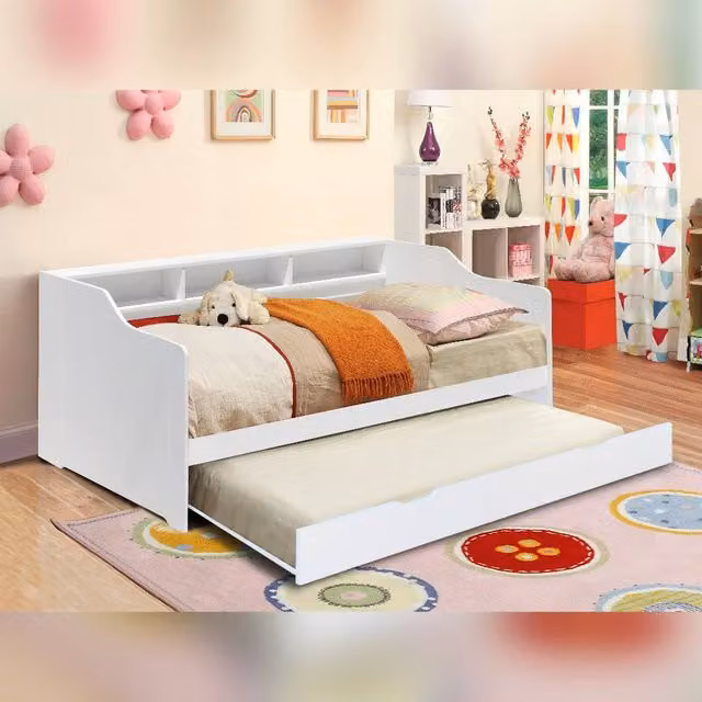 Comfy Living Ltd Single Wooden Bed with Side Shelving and Pull Out Trundle in White