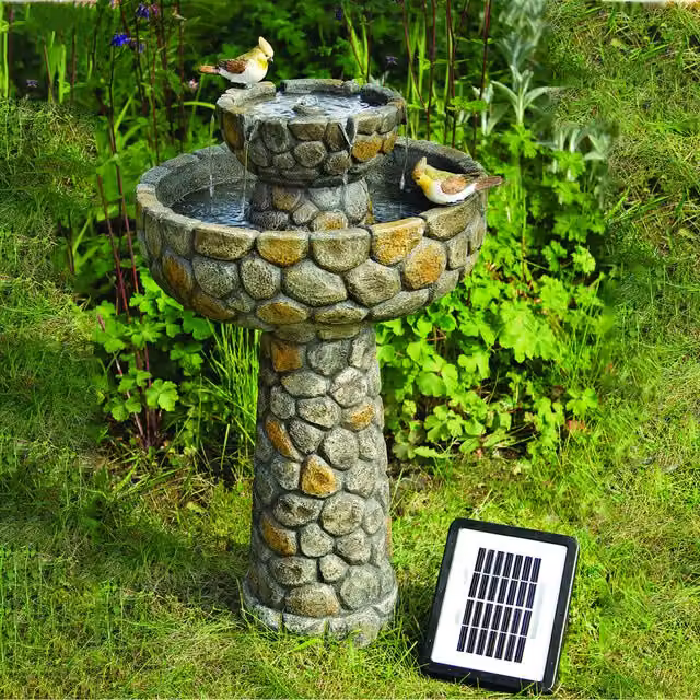 Primrose Round Solar Powered Bird Bath in Brown Rustic Stone Effect