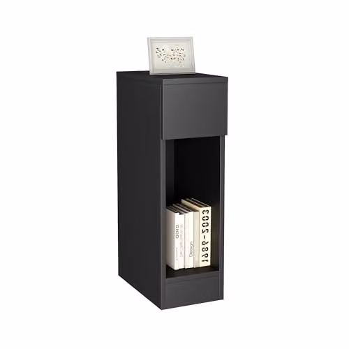 MCC Direct Ava Slim Solid Wooden Bedside Table with Open Shelf and Drawer, Black – 1