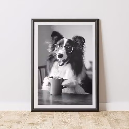 60 Second Makeover Funny Collie Drinking Coffee Paper Poster, A4, Multicolour