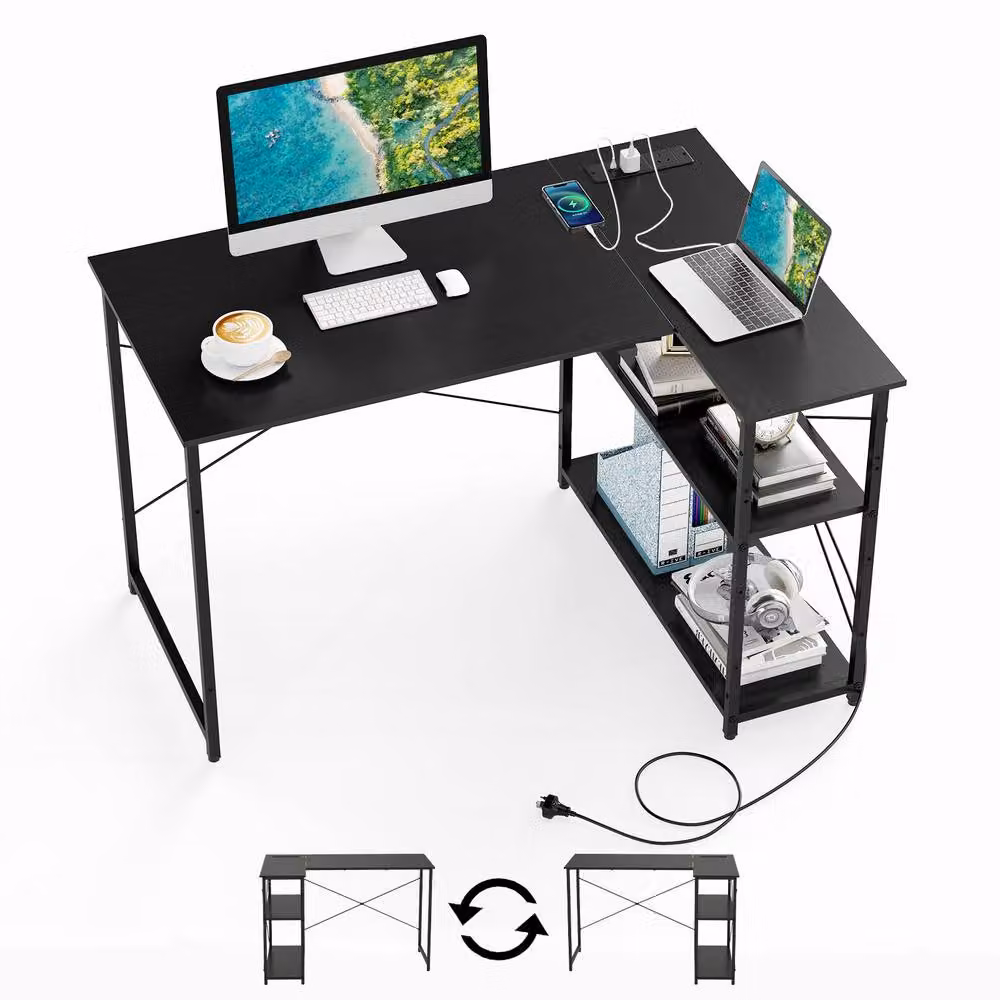 Costway L-shaped Corner Computer Desk with Power Outlet and Reversible Shelves in Black – 3