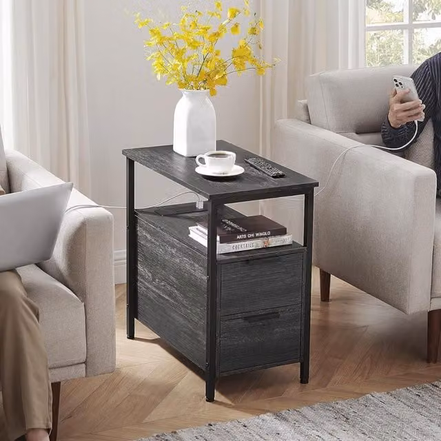 The Bazaarist Modern Narrow Bedside Table with USB Charging Port and Drawers in Charcoal Grey and Black