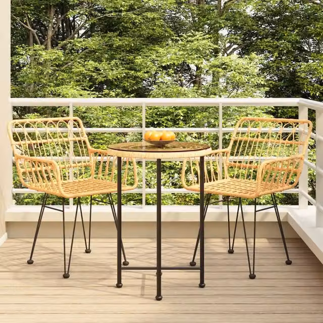 Berkfield Home 3 Piece Brown Poly Rattan Garden Dining Set with Round Glass Top Table