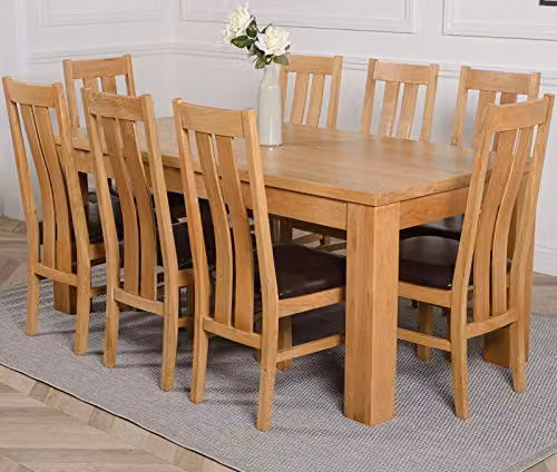 Oak Furniture King Dakota Solid Oak 8 Seater Dining Set with Princeton Upholstered Leather Chairs in Natural Finish, W: 182 cm, D: 92 cm