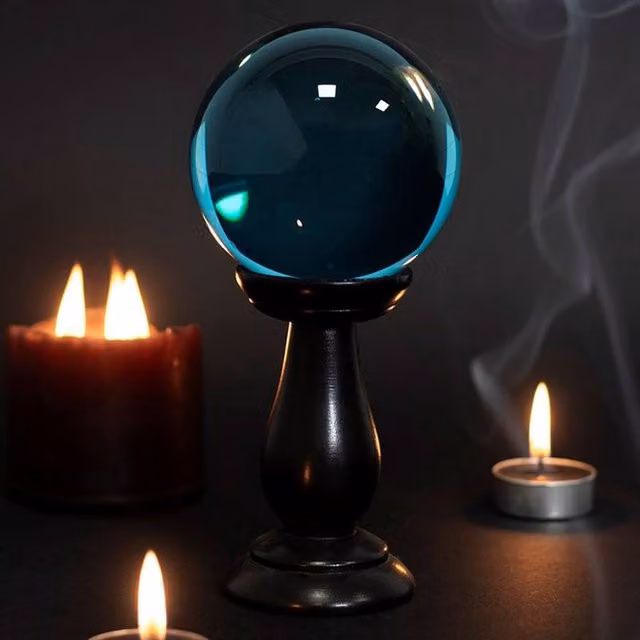 Uniqueful Round Blue and Black Glass Crystal Ball with Wood Stand for Tabletop Decoration