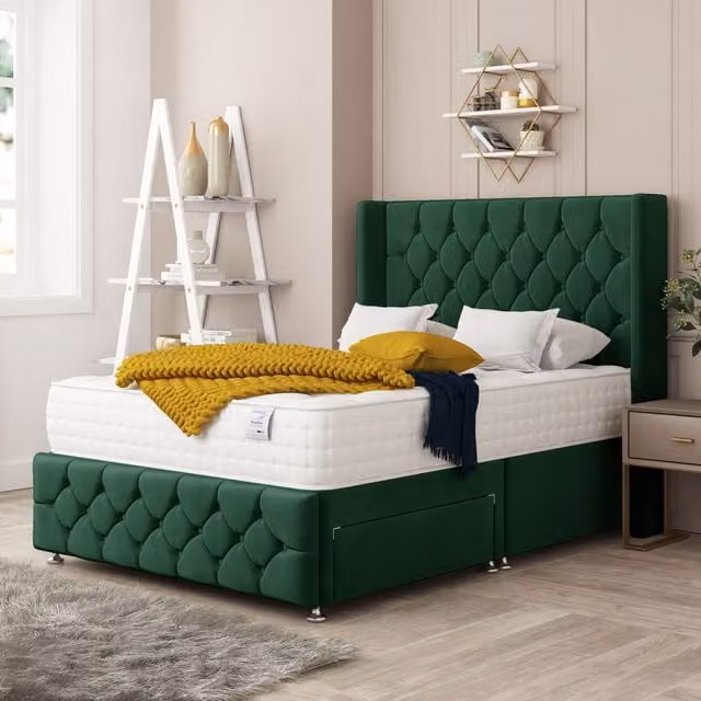 Bed Choices Elena Upholstered Velvet Divan Bed with 2 Drawers, Mattress and 26 inch Headboard in Green, W/D/H: 140 x 200 cm