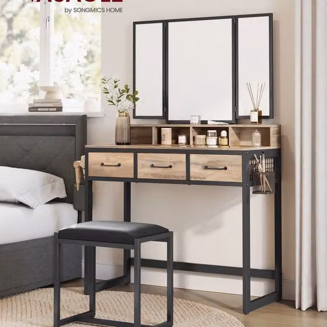 VASAGLE Modern Brown Dressing Table with Tri-Fold Mirror and Stool