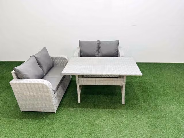 Fimous 4 Seater Rattan Garden Furniture Set with Rectangular Dining Table, Light Grey