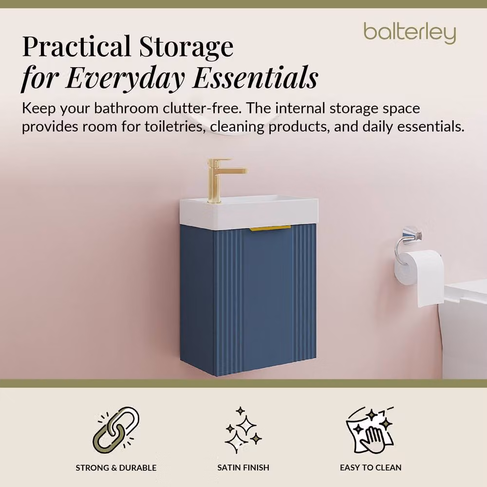 Balterley Blue Wall Mounted Bathroom Vanity Unit with Gold Brushed Brass Handle, W: 40 cm, D: 43.8 cm, H: 40 cm – 2
