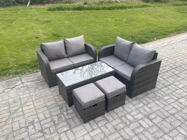 Fimous Dark Grey Polyrattan Garden Furniture Set with 2-Seater Sofa, Rectangular Coffee Table and 2 Ottomans