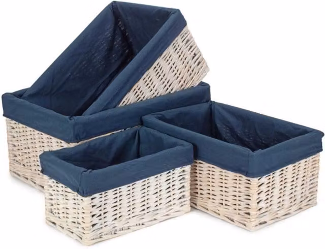 Red Hamper Open Weave Rattan and Wood Storage Basket in White and Blue