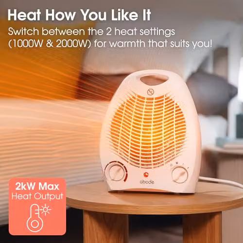 Abode 2000W Electric Fan Heater with Overheat Protection, Tilt Protection and Adjustable Thermostat in White AFH1002 – 2