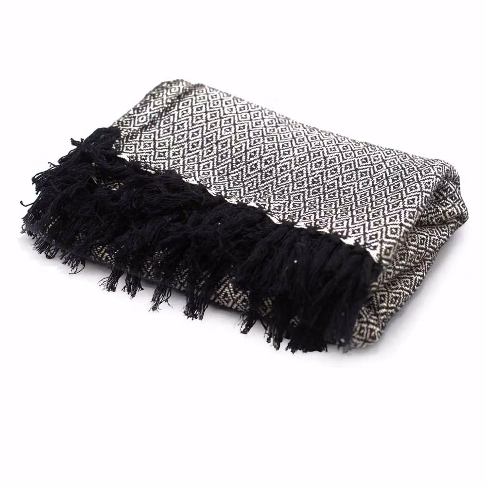Four Candle Charcoal Diamond Weave Boho Cotton Throw with Tassels, Grey, W x D: 150 x 125 cm – 2