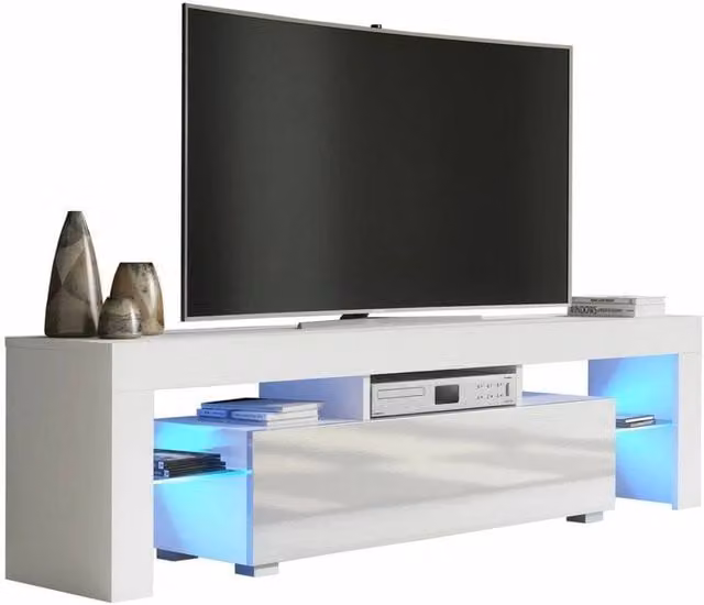 FLAVORA Modern White Matt and High Gloss TV Unit with Integrated Lighting, 160cm – 1