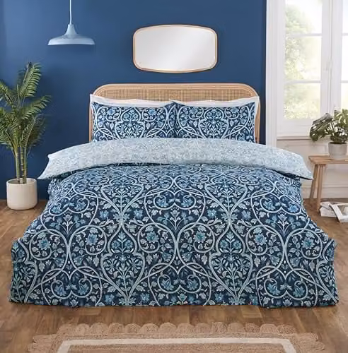 Rapport home King Microfibre 3-Piece Reversible Floral Vintage Damask Duvet Cover Set, Blue, W: 220 cm, H: 220 cm, Duvet: 180 x 200 cm