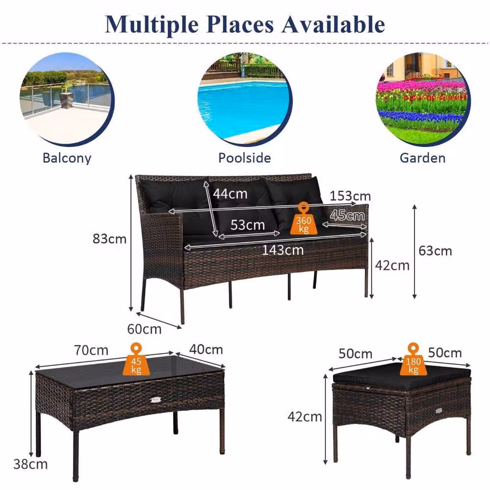 Costway 3 Piece Outdoor PE Rattan Patio Conversation Set in Black with Upholstered Cushions, 3 Seater Sofa, Coffee Table and Ottoman – 3