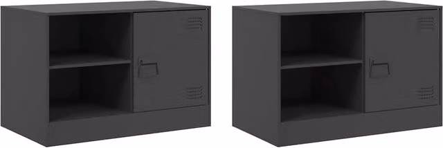 Berkfield Home Set of 2 Black Metal TV Cabinets with Hinged Doors and Internal Shelves, W/D/H: 67 x 39 x 44 cm